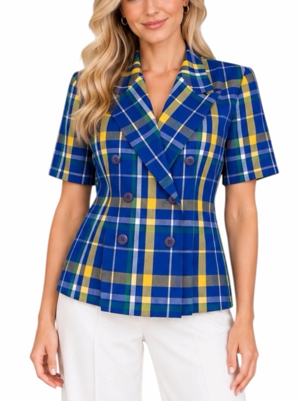 Pendleton Vintage Petite Blazer 10 Plaid Double Breasted Blue Made USA 1990s